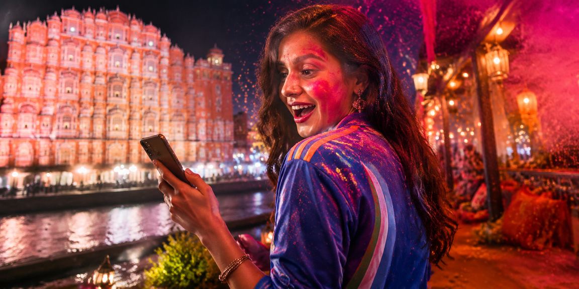 Excited cricket fans watching IPL in Jaipur during the Holi festival