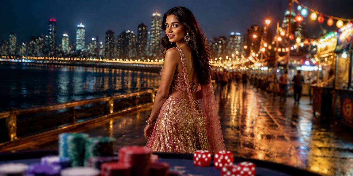 Mobile cricket betting in Mumbai along Marine Drive with Bollywood theme